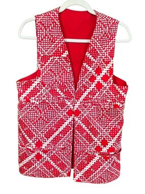 VTG Hideaway Charms Red Plaid Cotton Hidden Pockets Reversible Open Vest SZ M/L